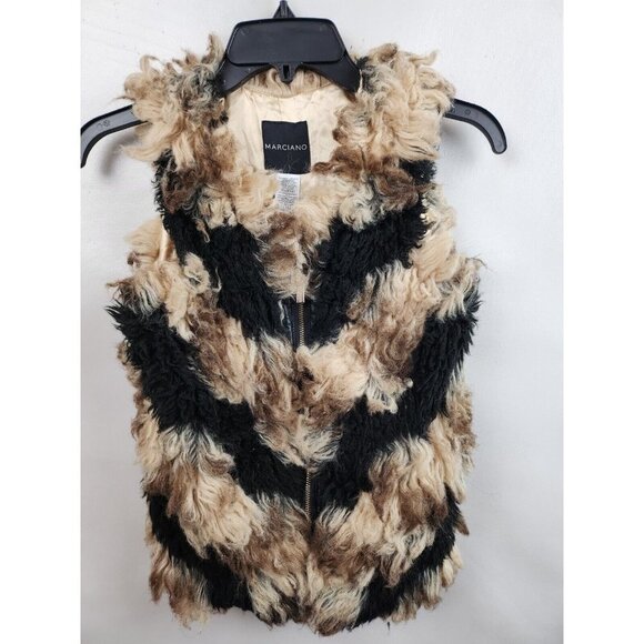 𝅺Marciano Girls Vest Size Large 14 Tan Black Faux Fur Zip Up Sleeveless Jacket - Picture 1 of 7